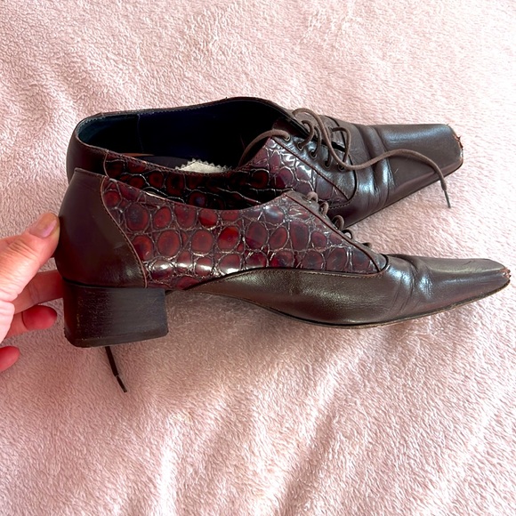 37.5 Made in Italy Leather Shoes Square Toe Low Chunky Heels Laces - Picture 6 of 12